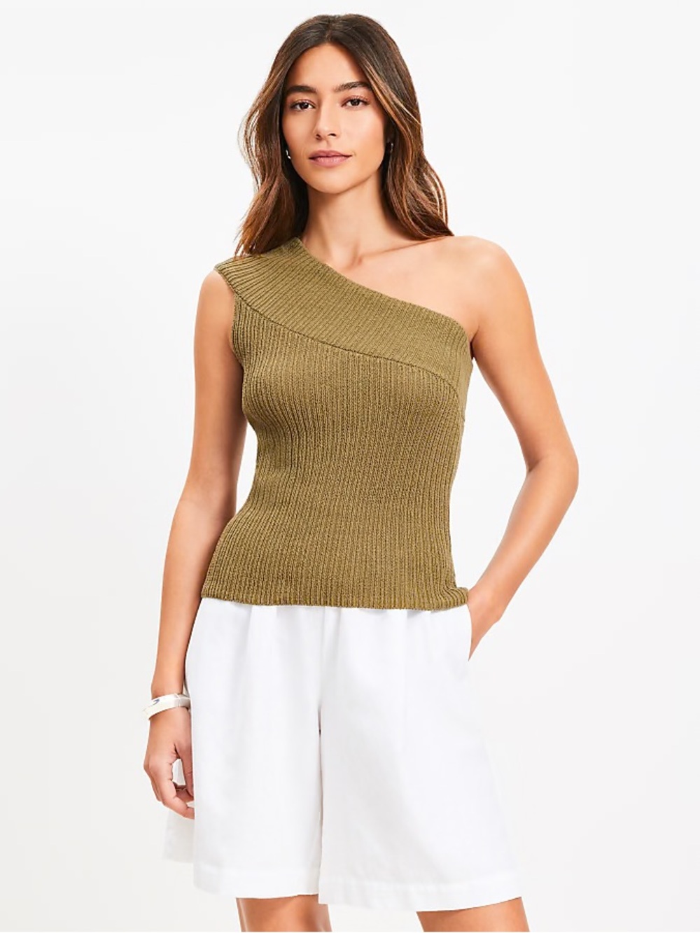 NWT! LOFT - Ribbed One Shoulder Sweater - True Olive Green - Size Large